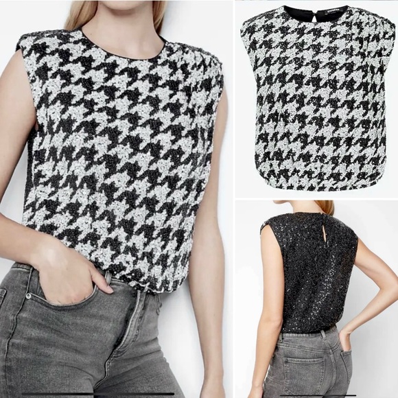 EXPRESS Houndstooth Sequin Embellished Top Crop Cap Sleeve Elasticized Waist - Picture 8 of 12